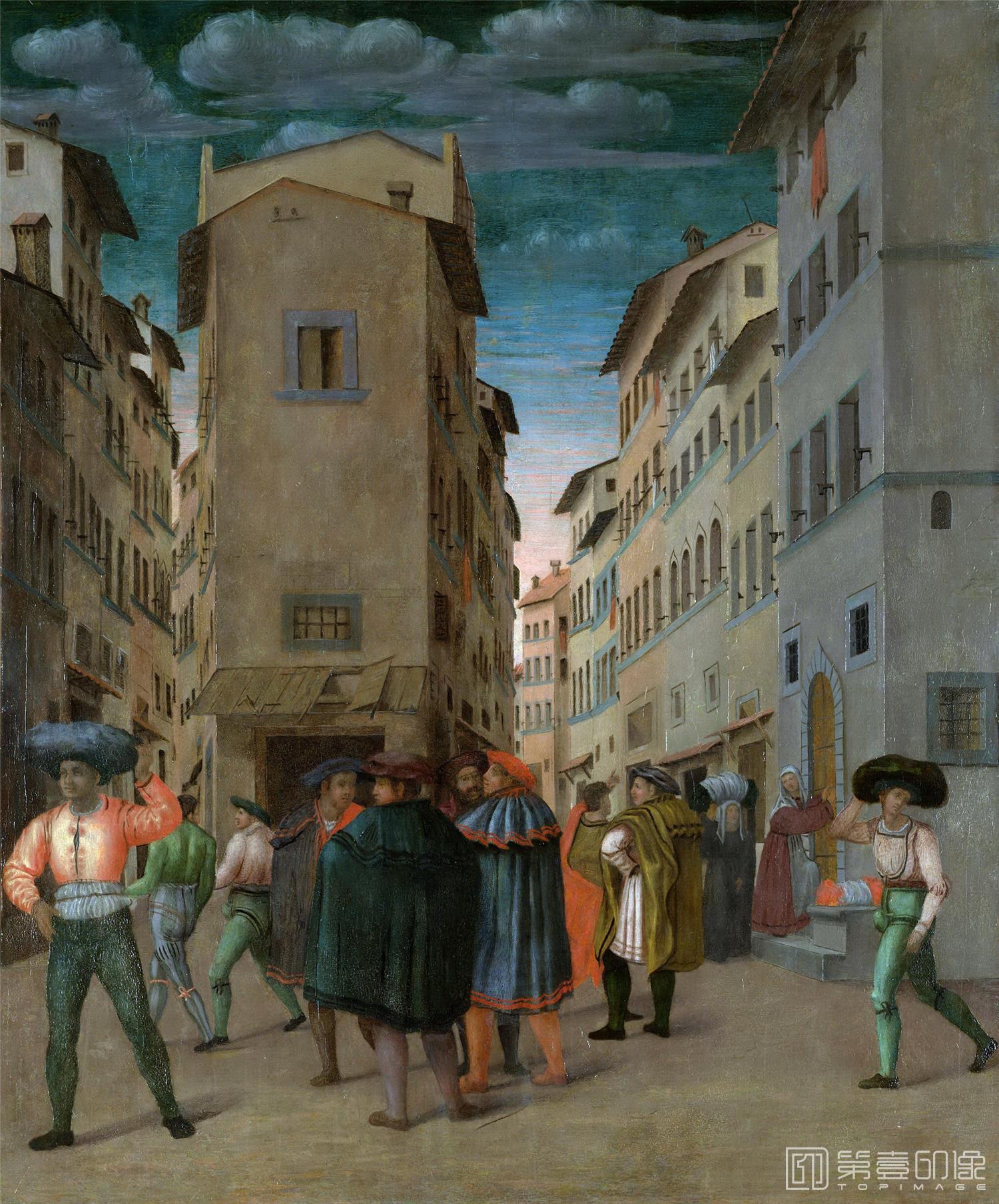油画-荷兰阿姆斯特丹国家美术馆-Unknown artist Florentijnse straatscène met twaalf figuren 1540-1560-1639